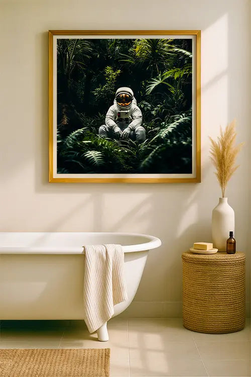Astronaut street art print in lush jungle, framed in natural wood, part of the Urban & Street Art Prints collection by Blanc Studio