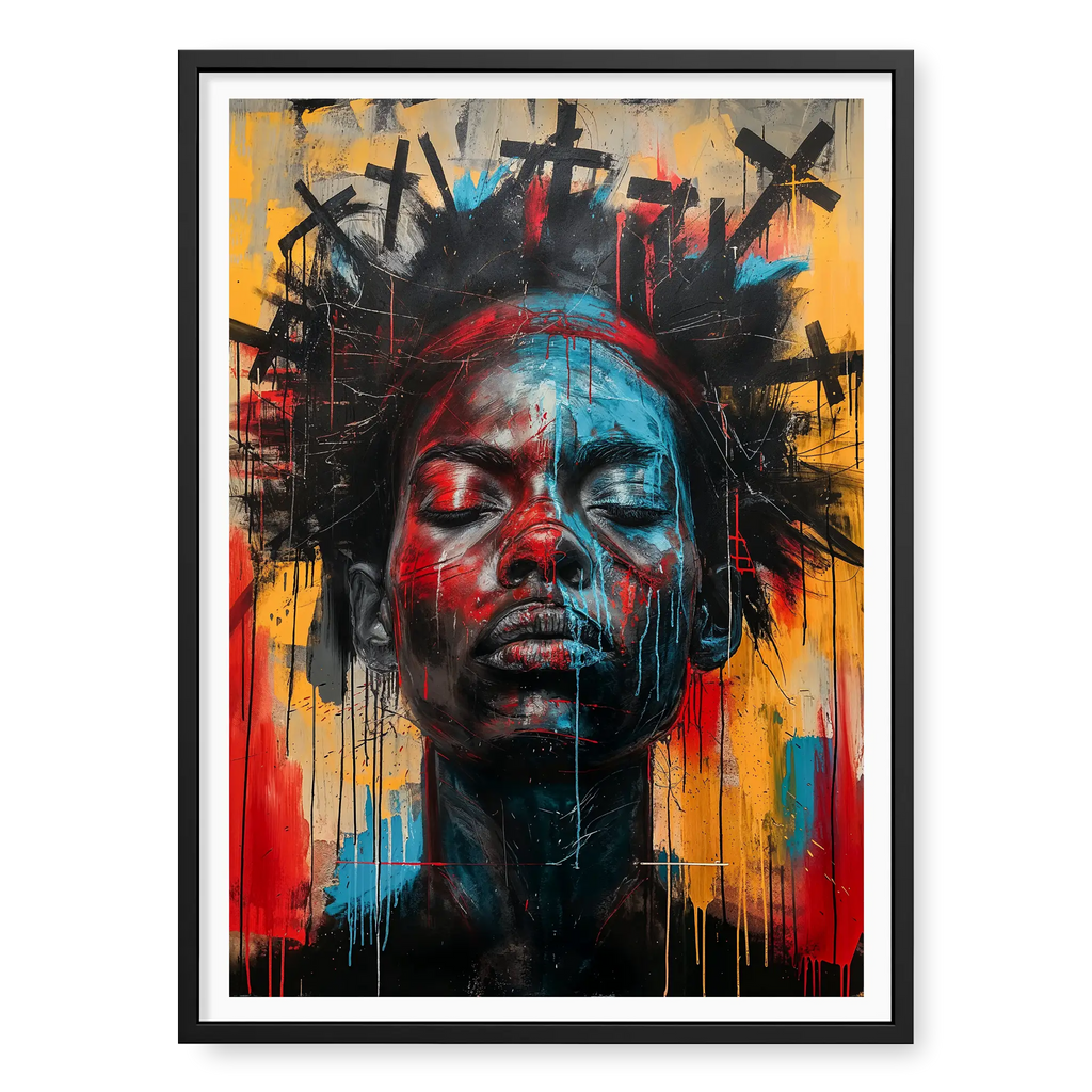 Black woman with closed eyes and black crosses halo, abstract portrait art print titled 2 Corinthians 5:10 in black frame