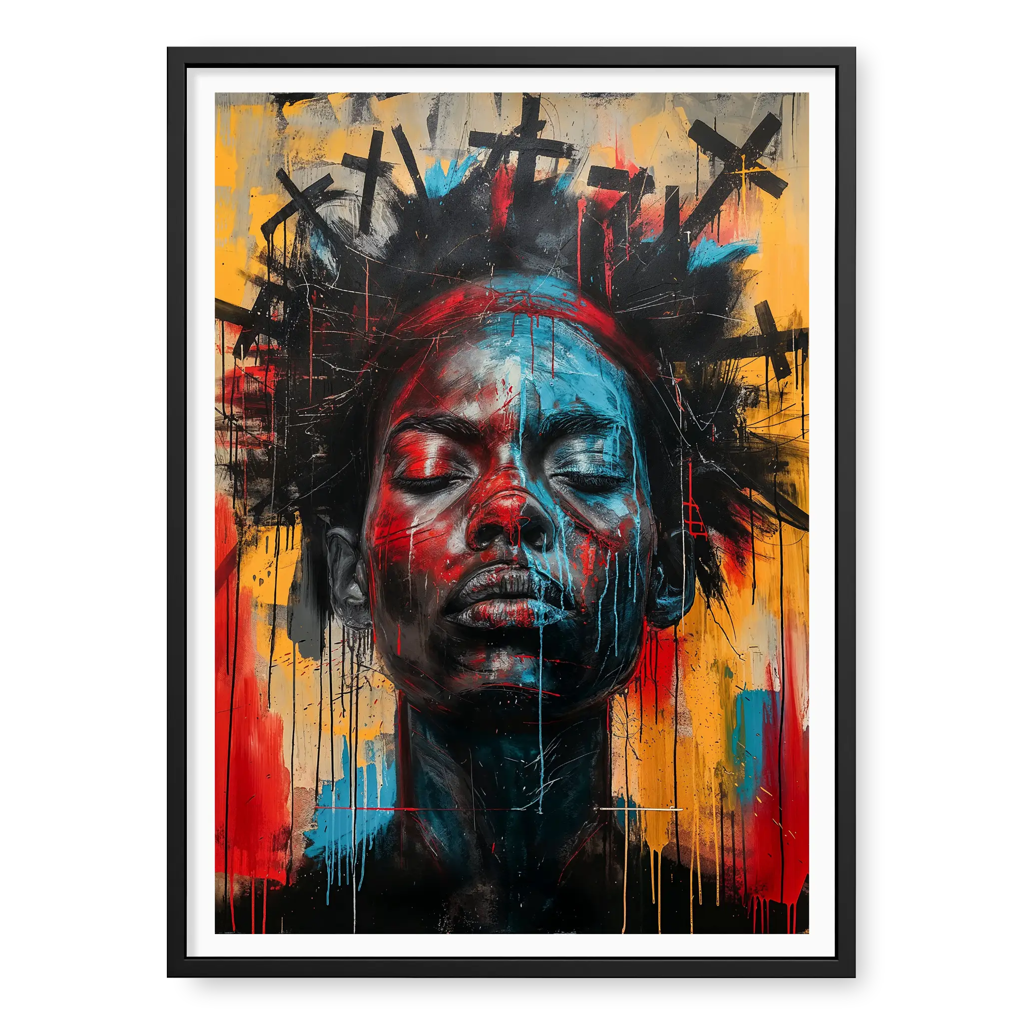 Black woman with closed eyes and black crosses halo, abstract portrait art print titled 2 Corinthians 5:10 in black frame
