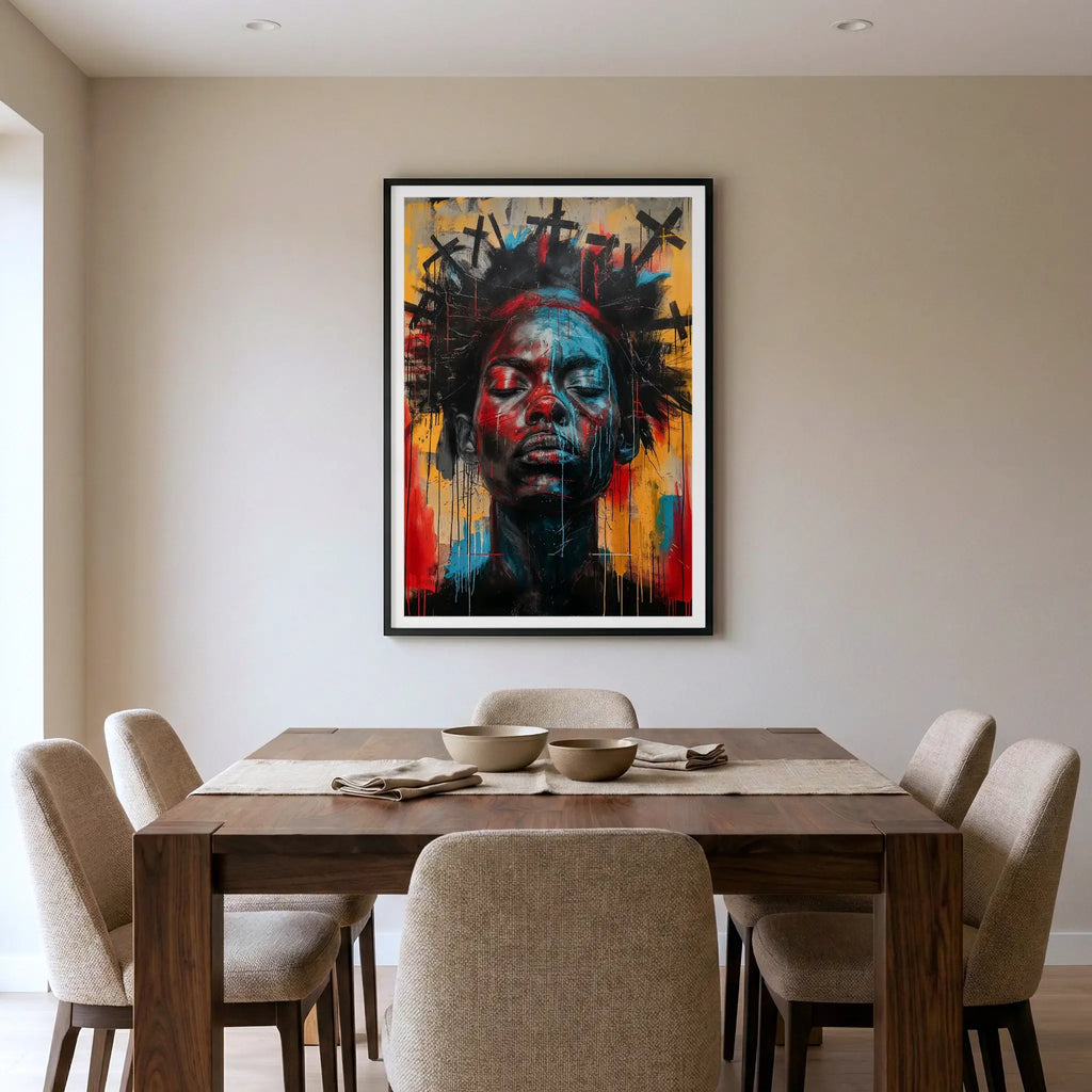 Framed abstract portrait with Black woman with closed eyes and black crosses halo, art print titled 2 Corinthians 5:10 displayed in dining room