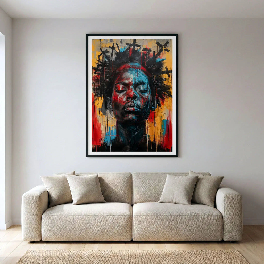 Framed abstract portrait with Black woman with closed eyes and black crosses halo, art print titled 2 Corinthians 5:10 displayed in living room
