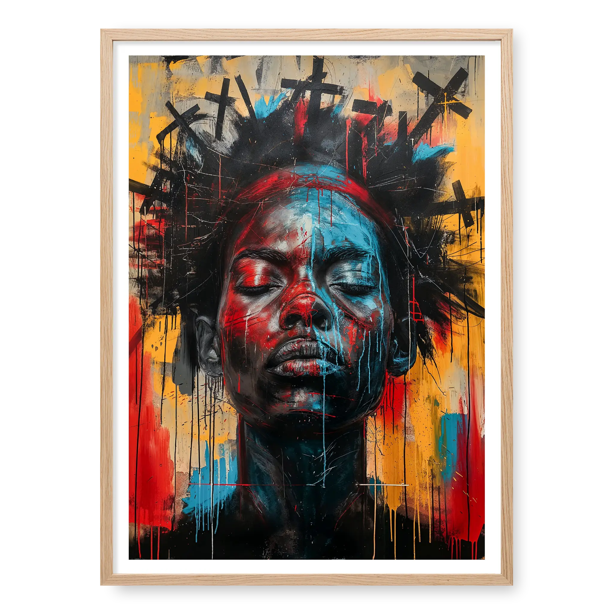 Black woman with closed eyes and black crosses halo, abstract portrait art print titled 2 Corinthians 5:10 in natural oak frame