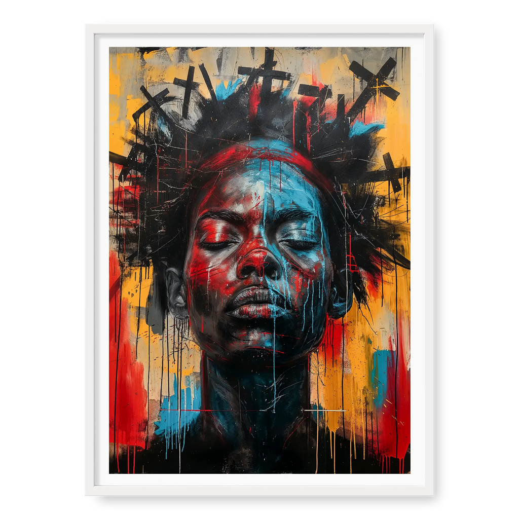 Black woman with closed eyes and black crosses halo, abstract portrait art print titled 2 Corinthians 5:10 in white frame