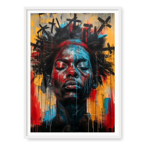 Black woman with closed eyes and black crosses halo, abstract portrait art print titled 2 Corinthians 5:10 in white frame