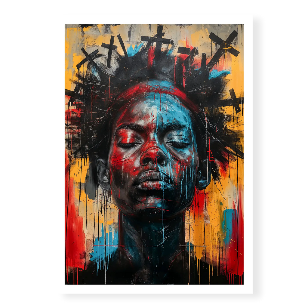 Abstract portrait with closed eyes, paint drips and a crown of black crosses, art print titled 2 Corinthians 5:10