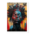 Abstract portrait with closed eyes, paint drips and a crown of black crosses, art print titled 2 Corinthians 5:10