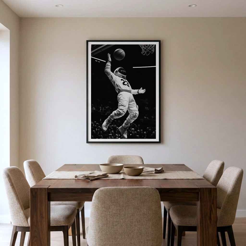 Framed surreal sports art print with astronaut dunking a basketball, titled Twenty Three displayed in dining room