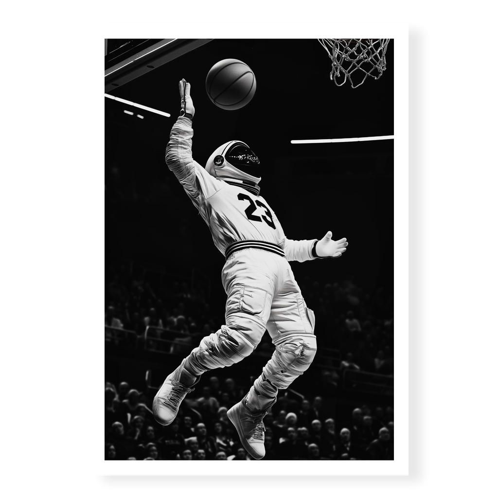 Low-angle action shot of an astronaut in a space suit and jersey number 23 performing a basketball dunk in a stadium, black and white art print titled Twenty Three