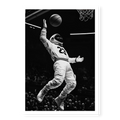 Low-angle action shot of an astronaut in a space suit and jersey number 23 performing a basketball dunk in a stadium, black and white art print titled Twenty Three