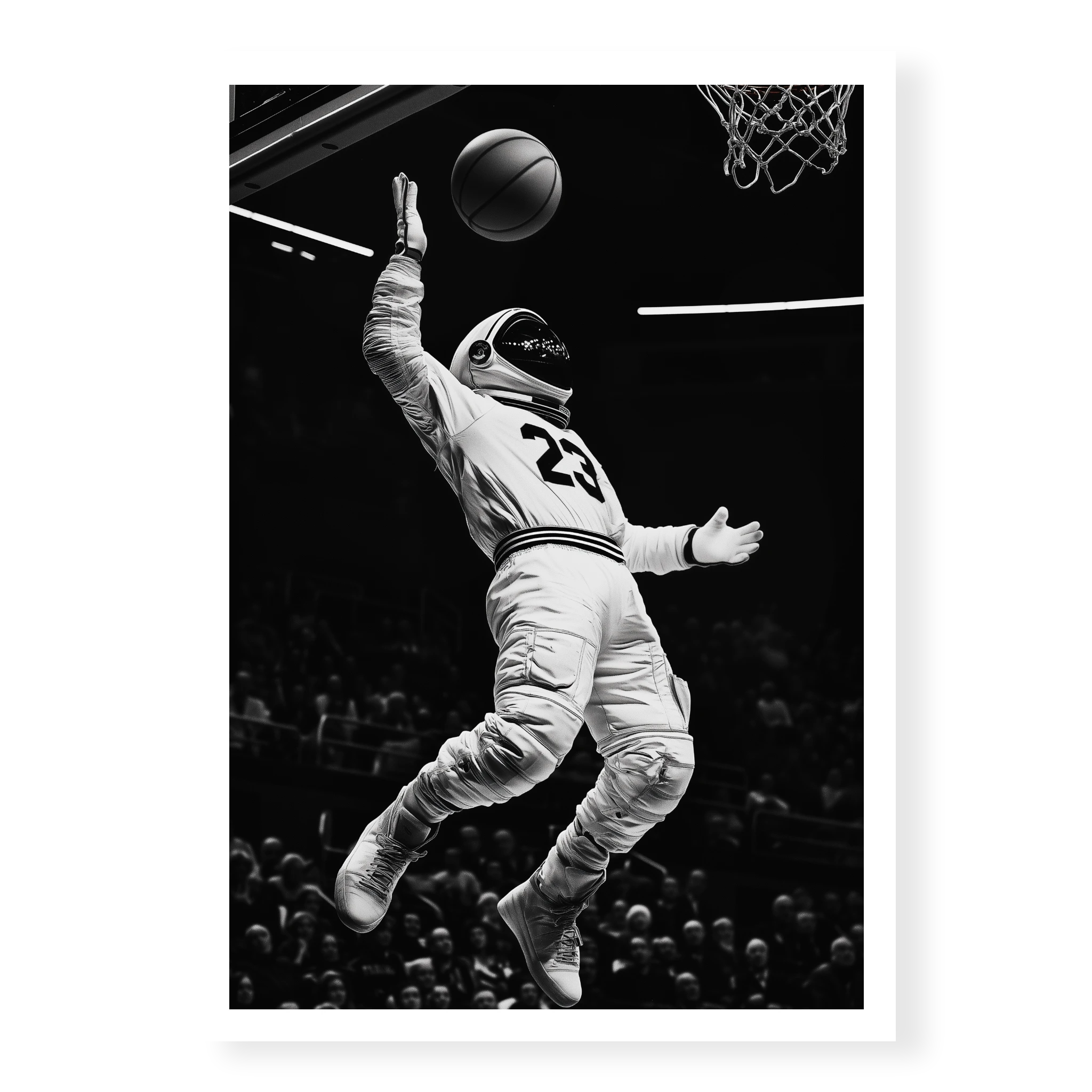 Low-angle action shot of an astronaut in a space suit and jersey number 23 performing a basketball dunk in a stadium, black and white art print titled Twenty Three