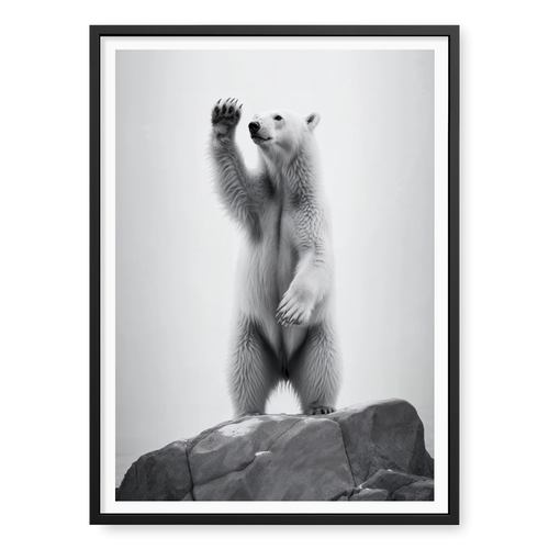 Polar bear standing on hind legs on a rock raising one paw, black and white art print titled 90 Degrees North in black frame