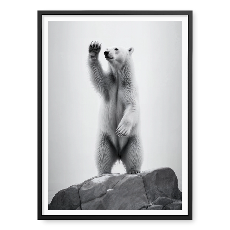 Polar bear standing on hind legs on a rock raising one paw, black and white art print titled 90 Degrees North in black frame