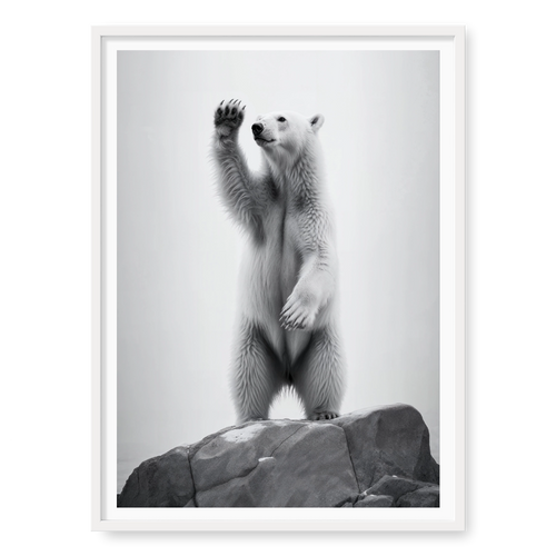 Polar bear standing on hind legs on a rock raising one paw, black and white art print titled 90 Degrees North in white frame
