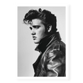 Side profile portrait of young Elvis Presley looking left wearing a leather jacket with popped collar, black and white art print titled Rock and Roll