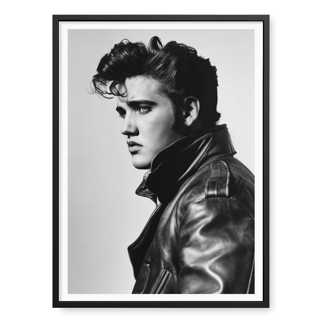 Side profile portrait of young Elvis Presley looking left wearing a leather jacket with popped collar, black and white art print titled Rock and Roll in black frame
