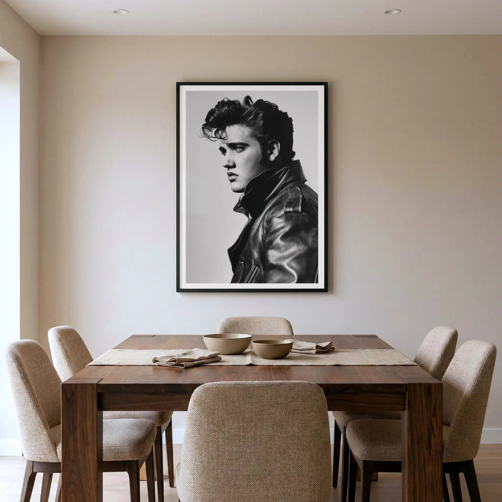 Framed black and white portrait of Elvis Presley in leather jacket, titled Rock and Roll displayed in dining room