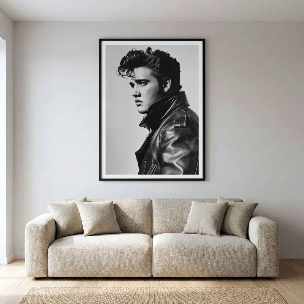 Framed black and white portrait of Elvis Presley in leather jacket, titled Rock and Roll displayed in living room