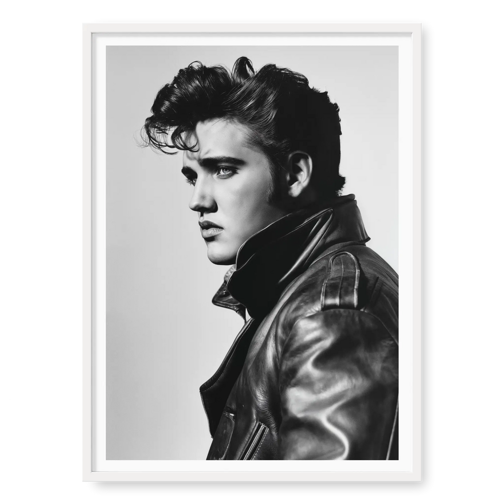 Side profile portrait of young Elvis Presley looking left wearing a leather jacket with popped collar, black and white art print titled Rock and Roll in white frame