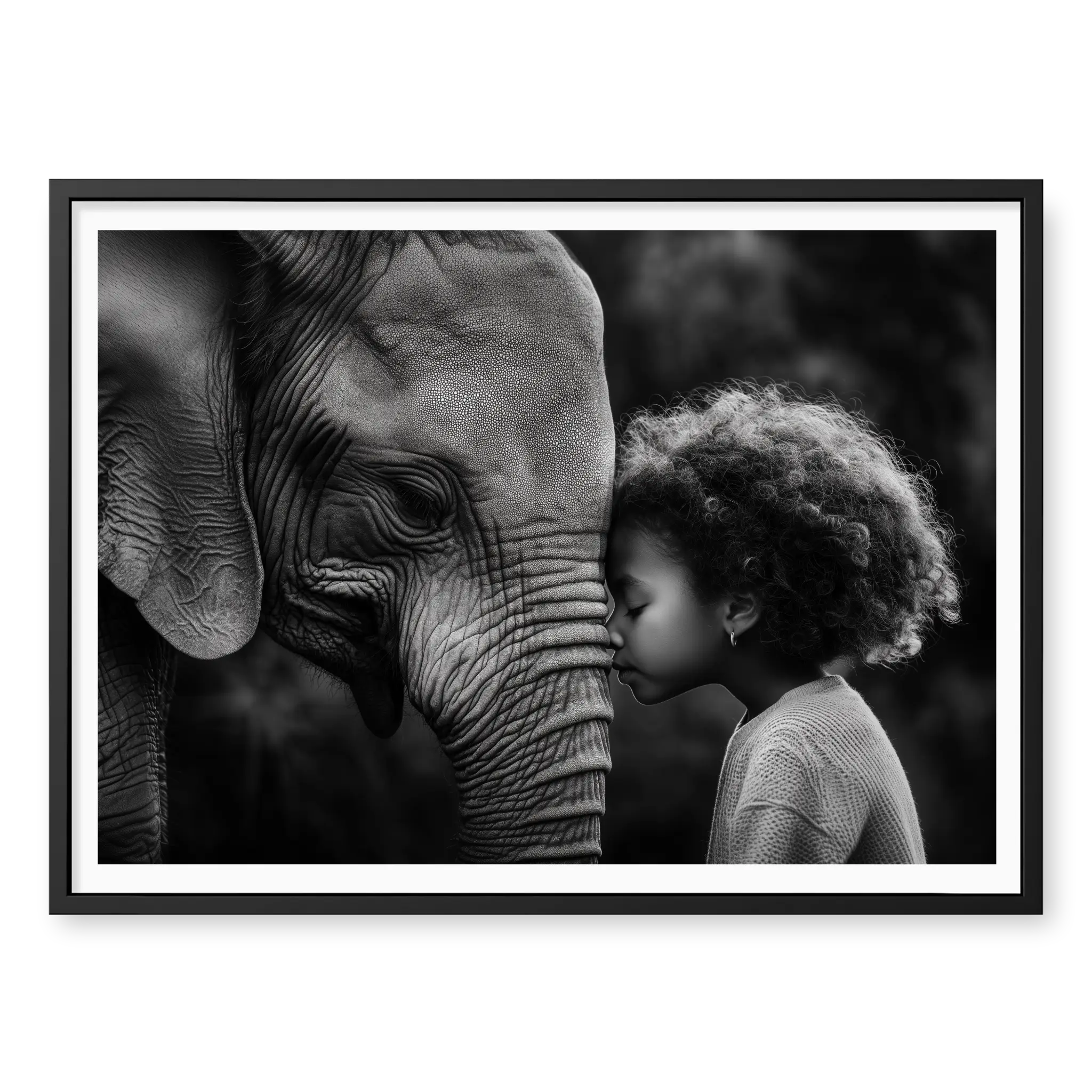 Close-up profile of an elephant and a young girl with curly hair touching foreheads, black and white art print titled A Sacred Moment in black frame