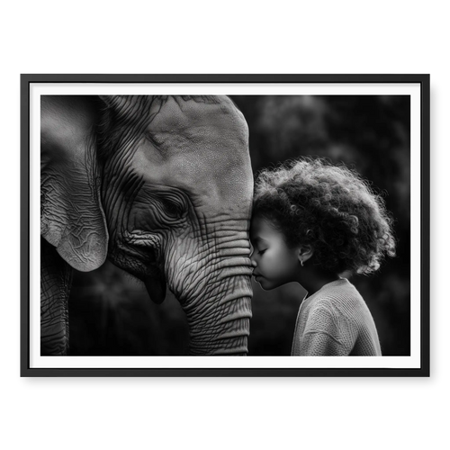 Close-up profile of an elephant and a young girl with curly hair touching foreheads, black and white art print titled A Sacred Moment in black frame