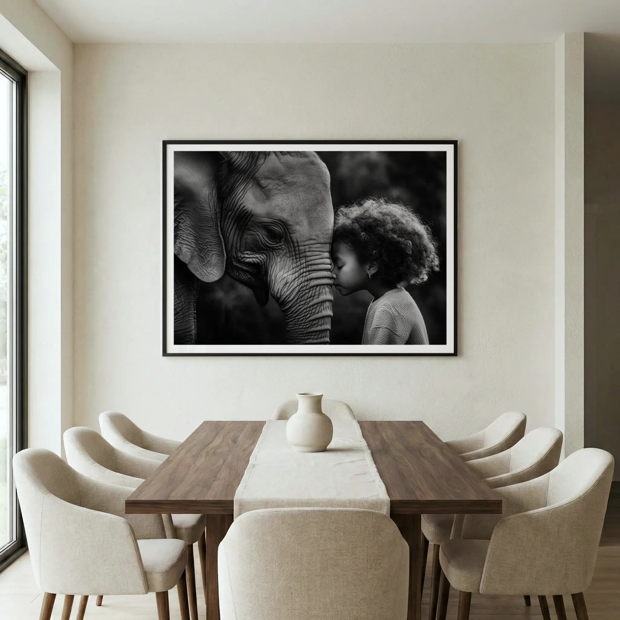 Framed black and white art print of elephant and young girl touching foreheads, titled A Sacred Moment displayed in dining room