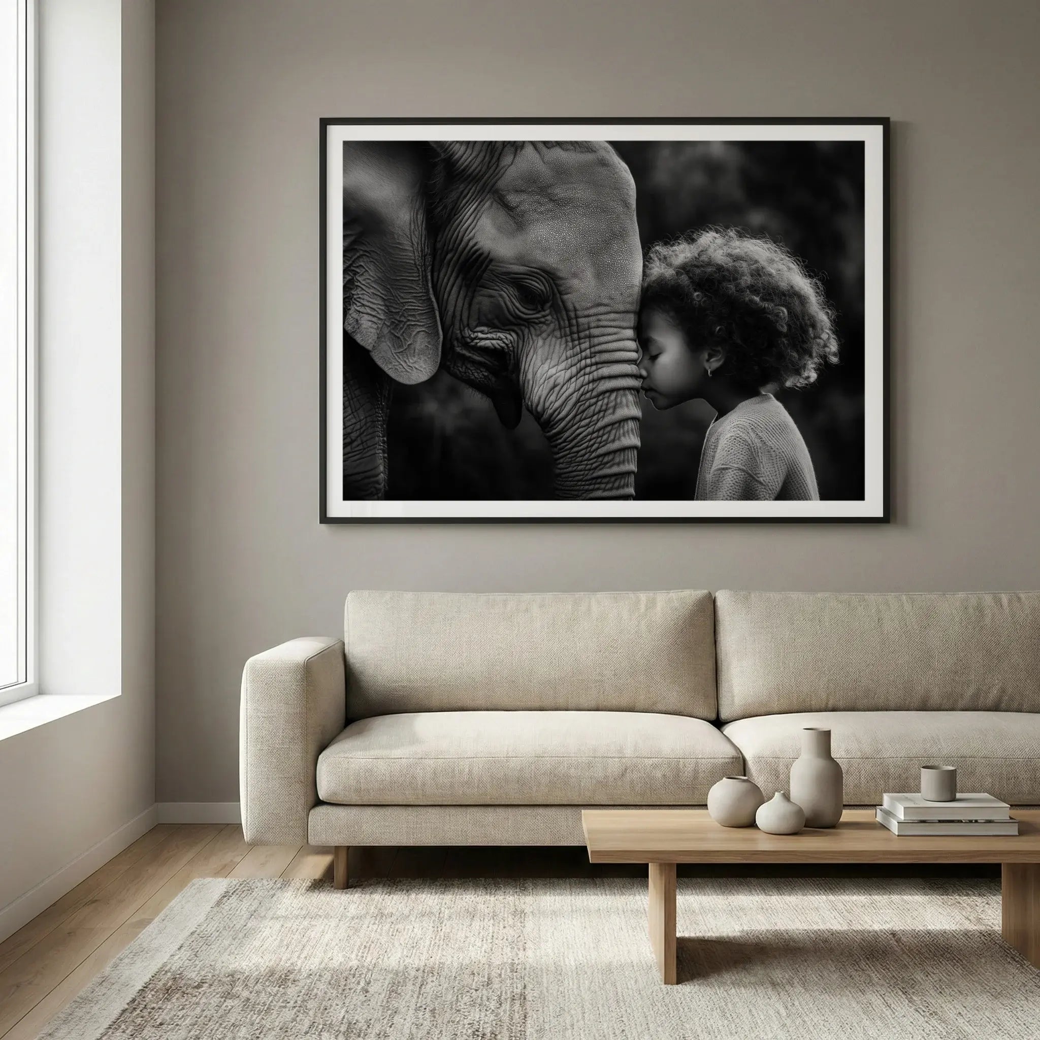 Framed black and white art print of elephant and young girl touching foreheads, titled A Sacred Moment displayed in living room
