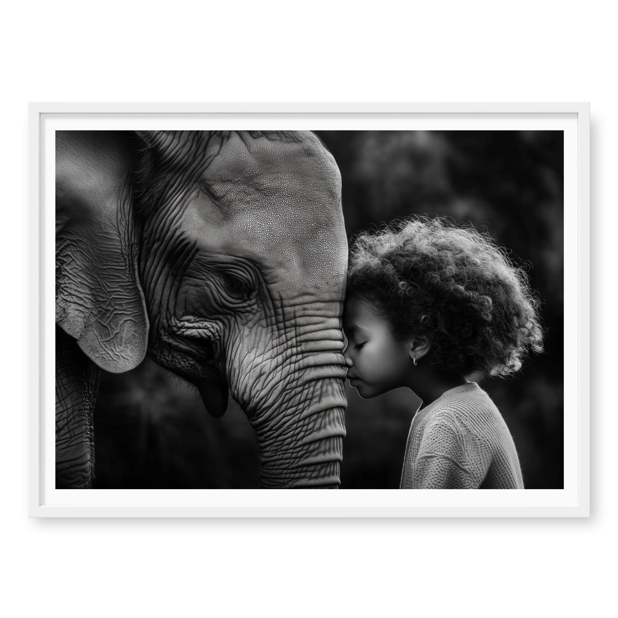 Close-up profile of an elephant and a young girl with curly hair touching foreheads, black and white art print titled A Sacred Moment in white frame