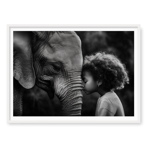 Close-up profile of an elephant and a young girl with curly hair touching foreheads, black and white art print titled A Sacred Moment in white frame