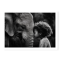 Close-up profile of an elephant and a young girl with curly hair touching foreheads, black and white art print titled A Sacred Moment