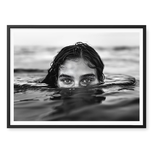 Woman partially submerged in calm water with eyes surfacing, black and white art print titled Allure in black frame