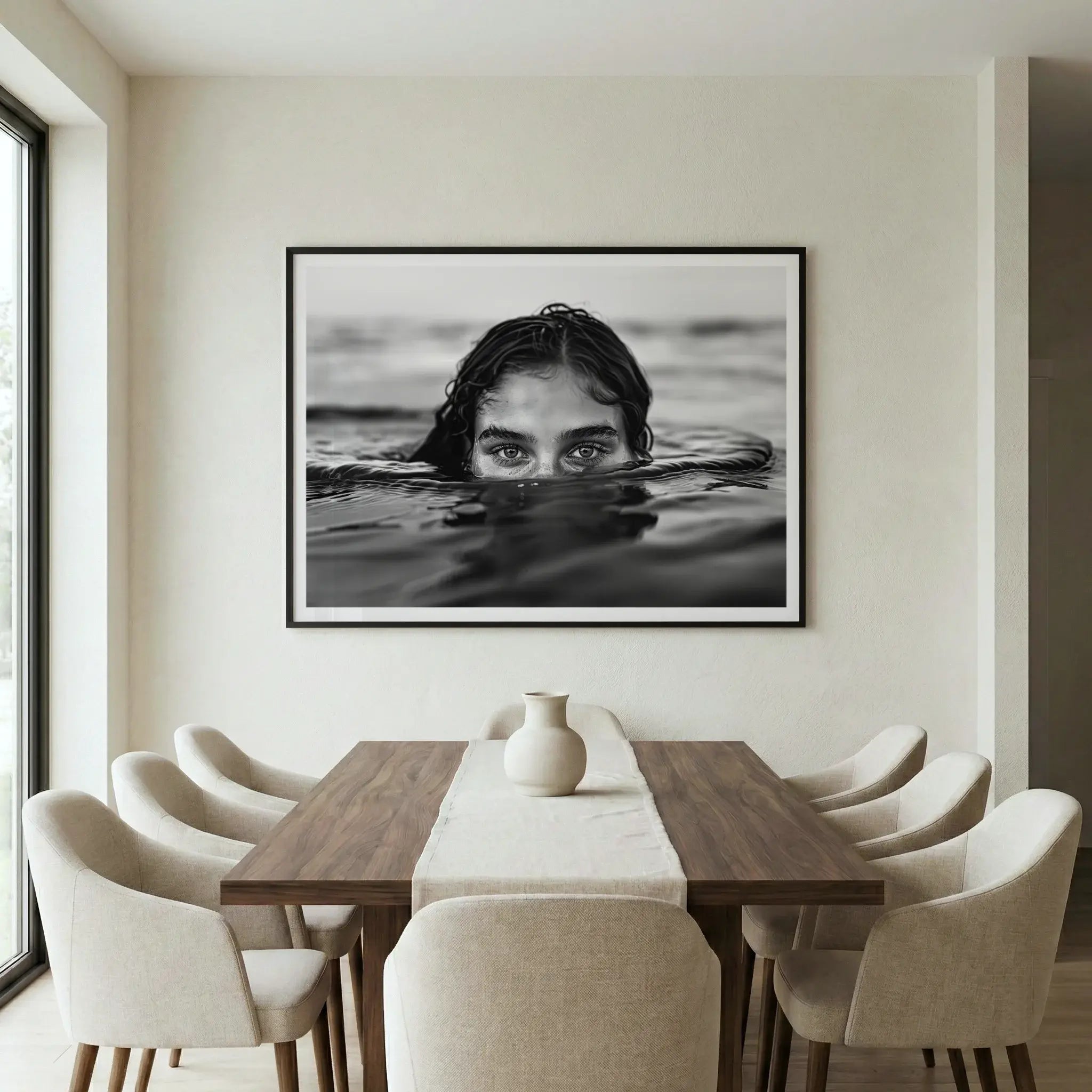 Framed black and white art print with woman partially submerged in calm water, titled Allure displayed in dining room