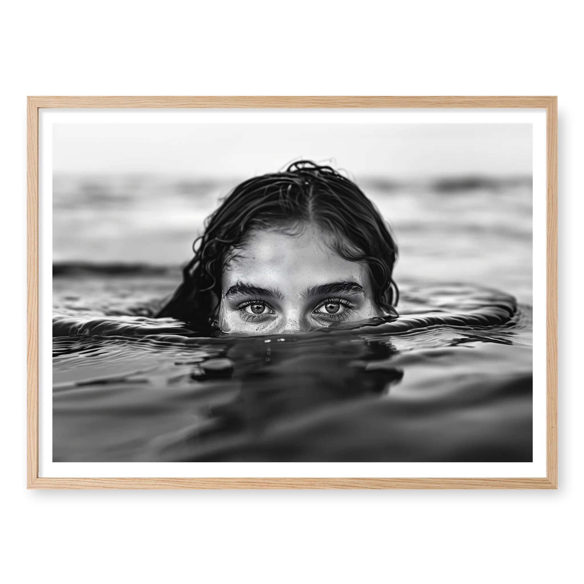 Woman partially submerged in calm water with eyes surfacing, black and white art print titled Allure in natural oak frame