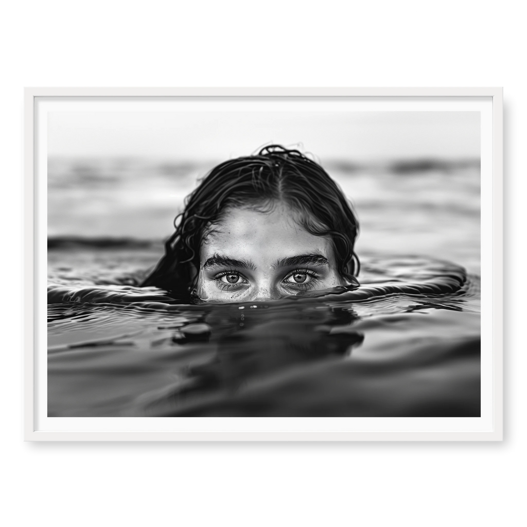 Woman partially submerged in calm water with eyes surfacing, black and white art print titled Allure in white frame