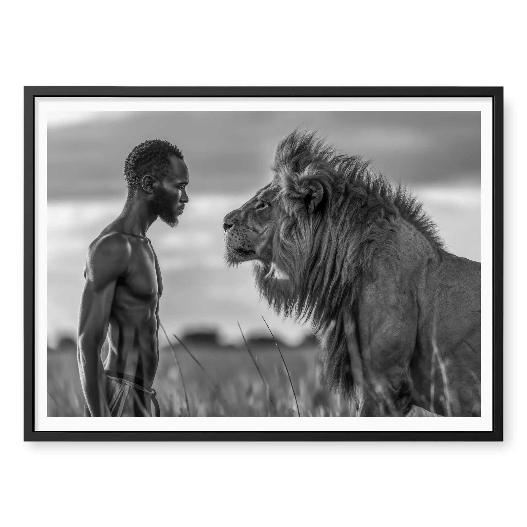 Profile view a man standing face-to-face with a large lion in grass, black and white art print titled Apex in black frame