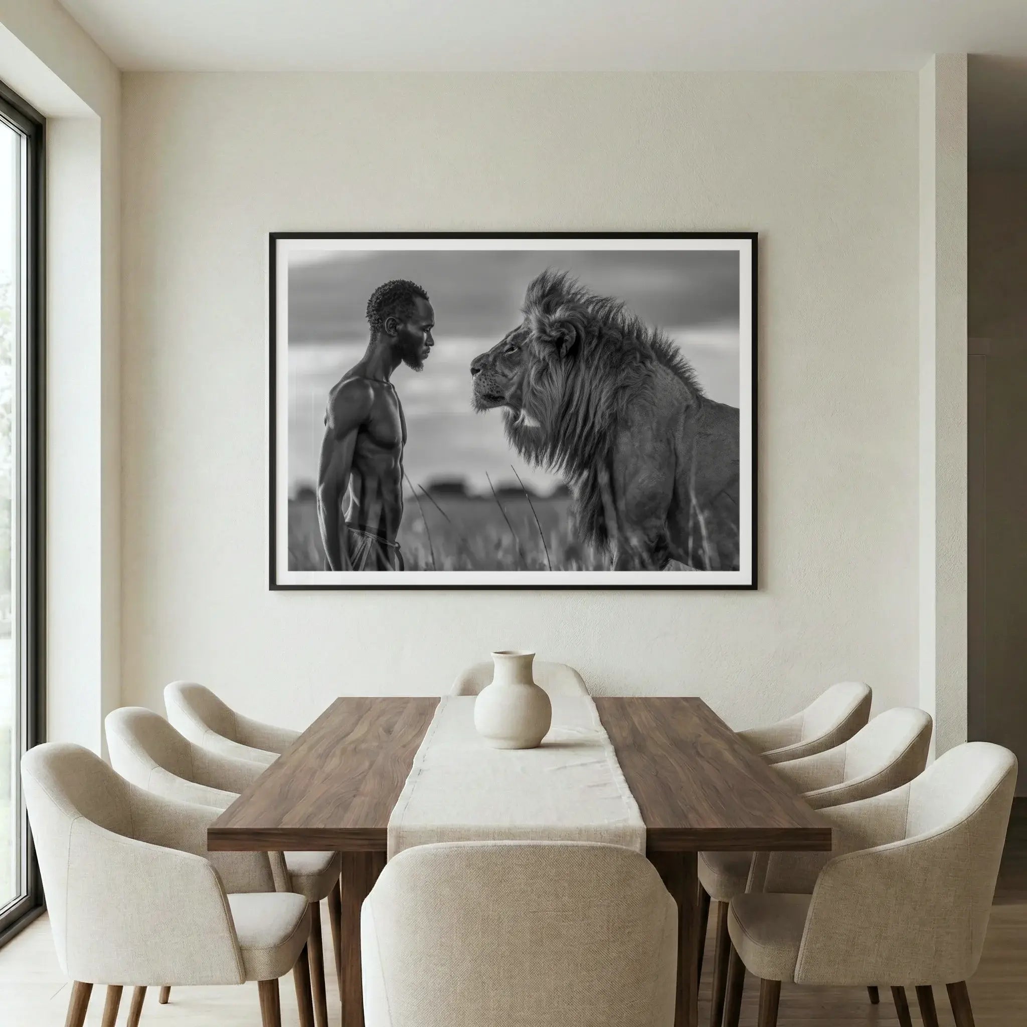 Framed black and white art print with man facing a lion, titled Apex displayed in dining room