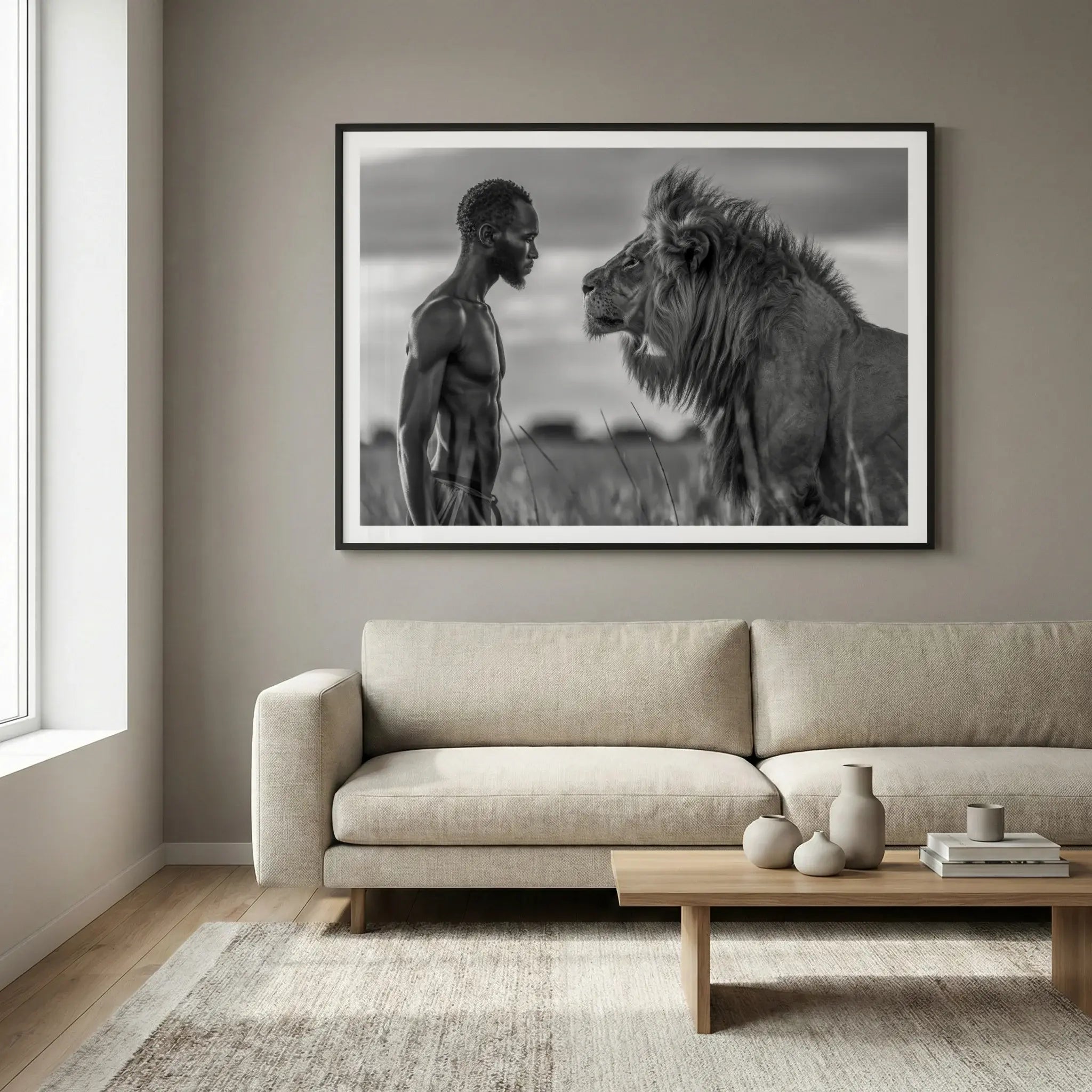 Framed black and white art print with man facing a lion, titled Apex displayed in living room