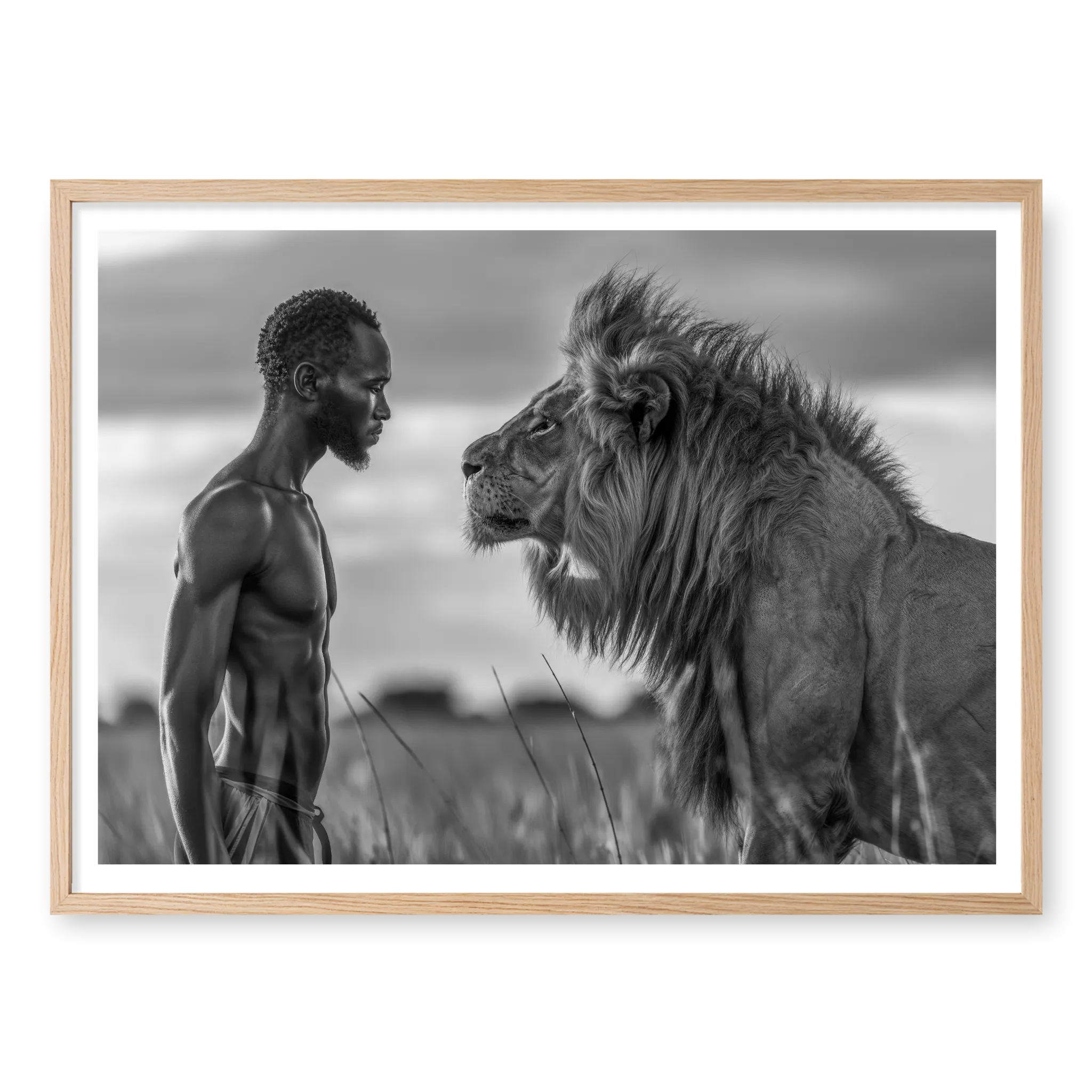 Profile view of a man standing face-to-face with a large lion in grass, black and white art print titled Apex in natural oak frame