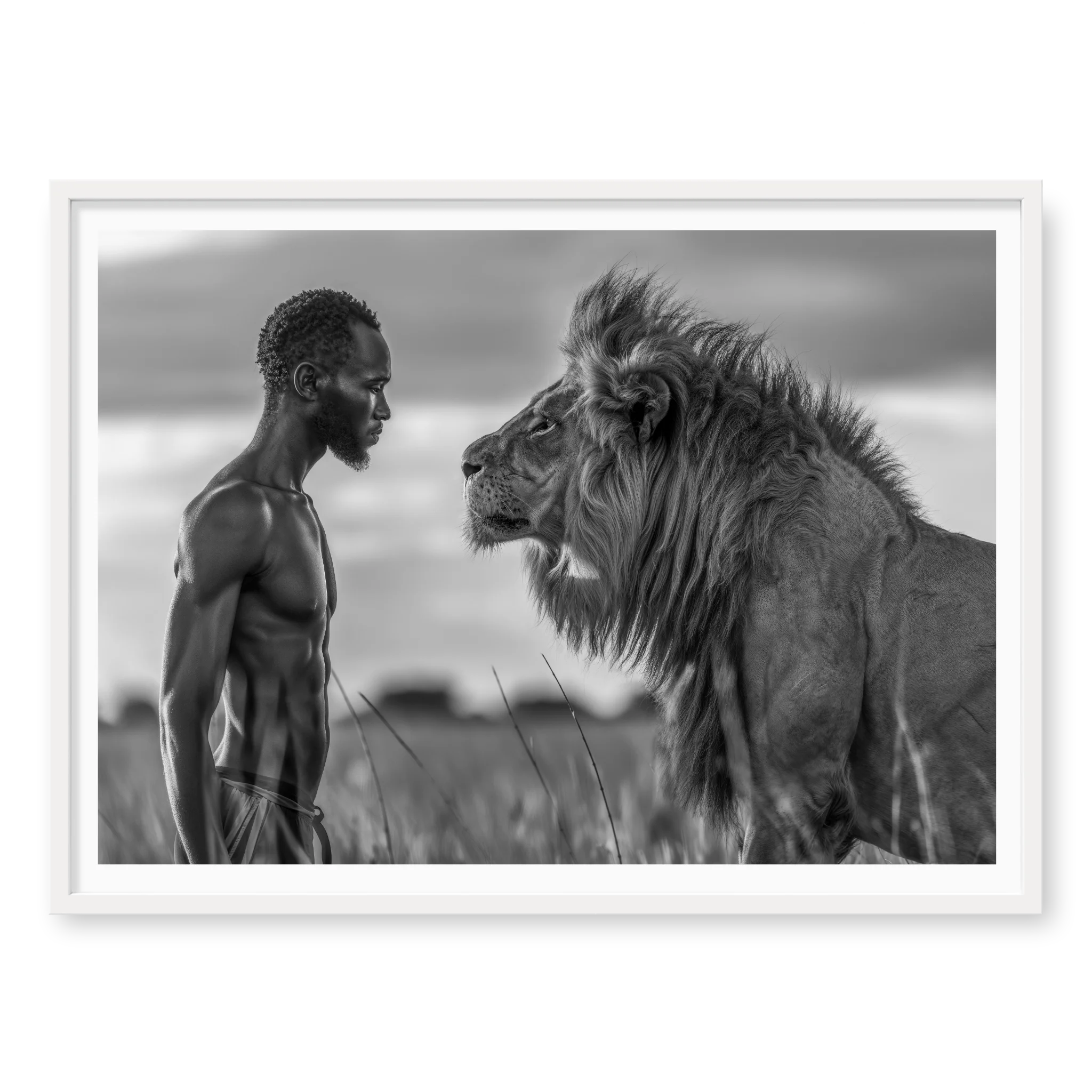 Profile view of a man standing face-to-face with a large lion in grass, black and white art print titled Apex in white frame