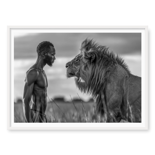 Profile view of a man standing face-to-face with a large lion in grass, black and white art print titled Apex in white frame