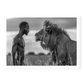 Profile view of a man standing face-to-face with a large lion in grass, black and white art print titled Apex