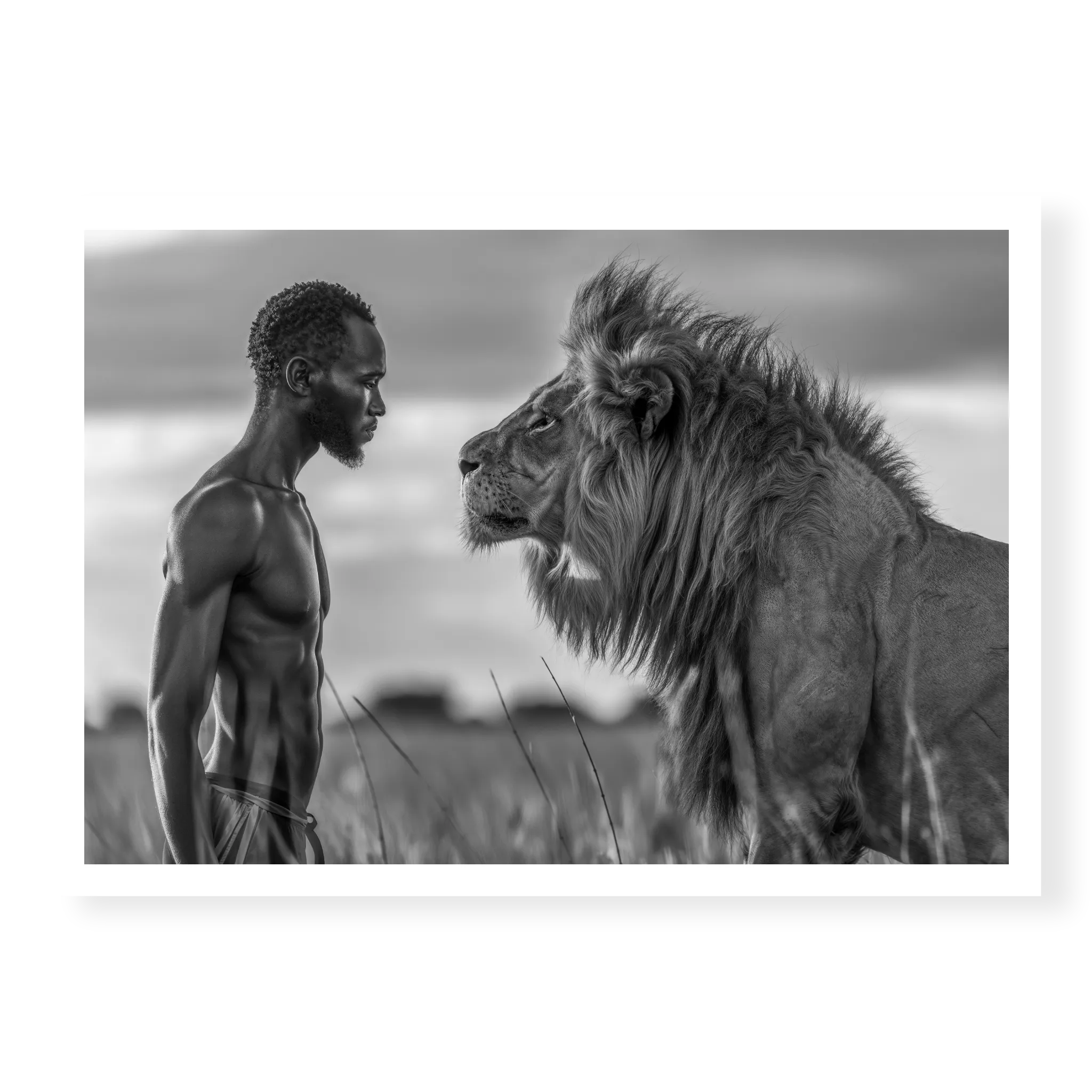 Profile view of a man standing face-to-face with a large lion in grass, black and white art print titled Apex