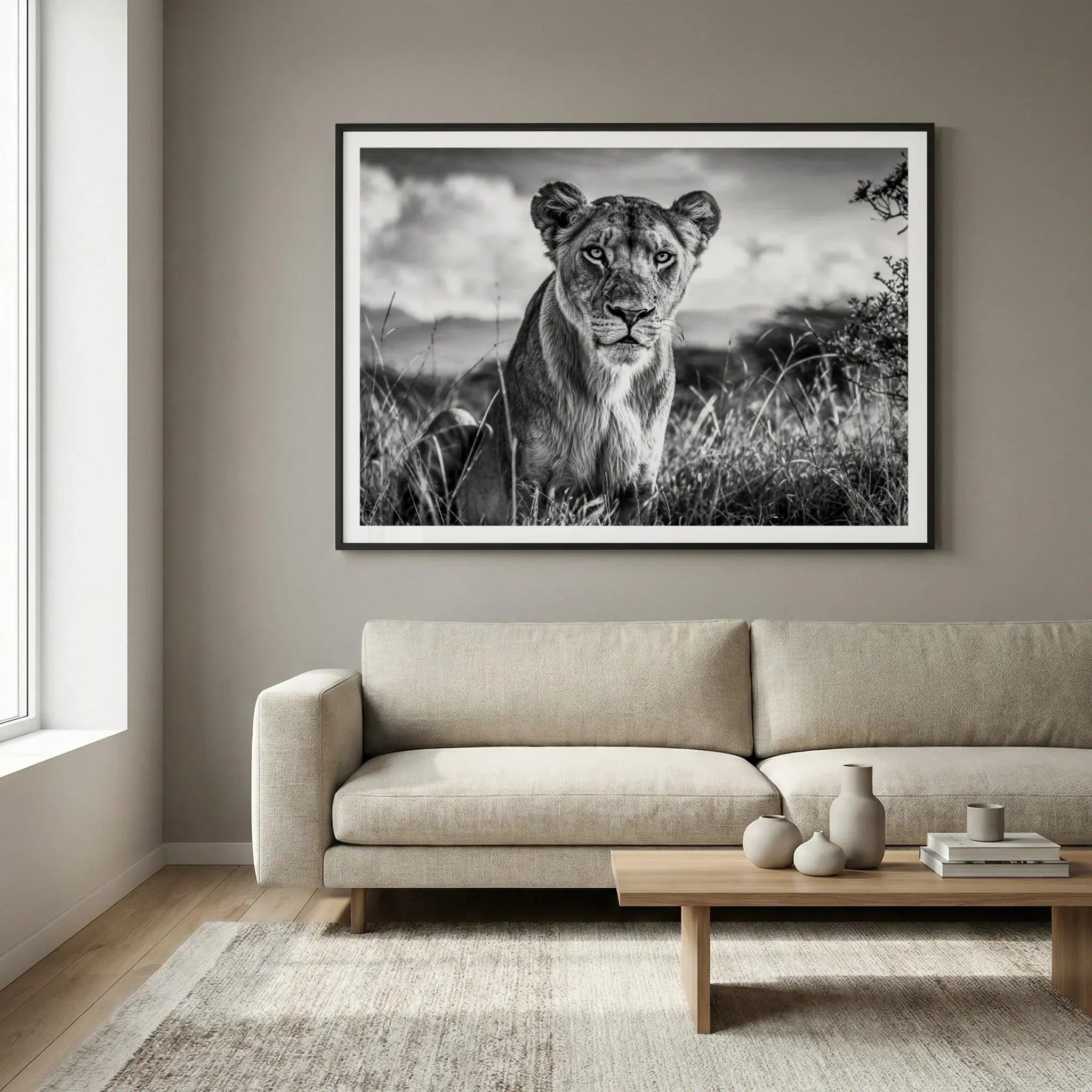 Framed black and white art print with lioness sitting in tall grass, titled Aphrodite displayed in living room