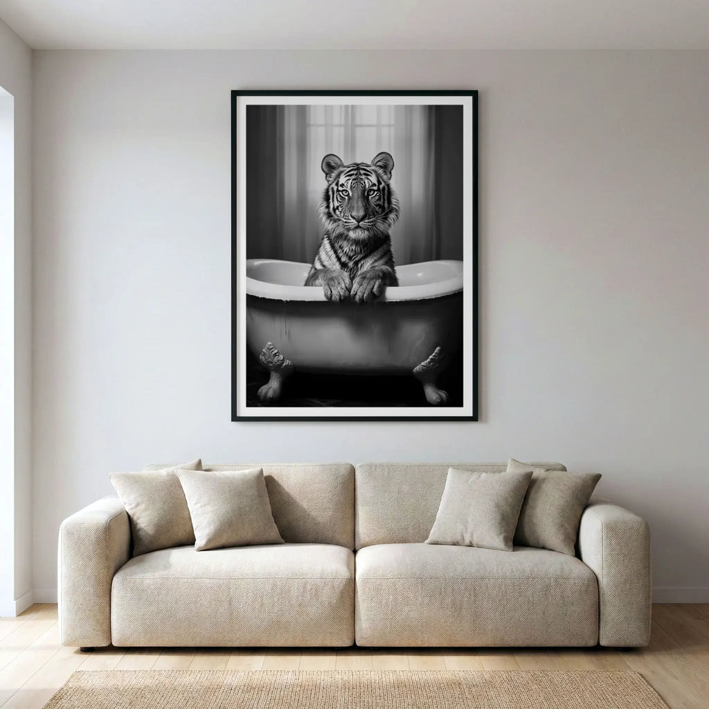 Framed black and white art print with tiger sitting in a bathtub, titled Bathtime displayed in dining room