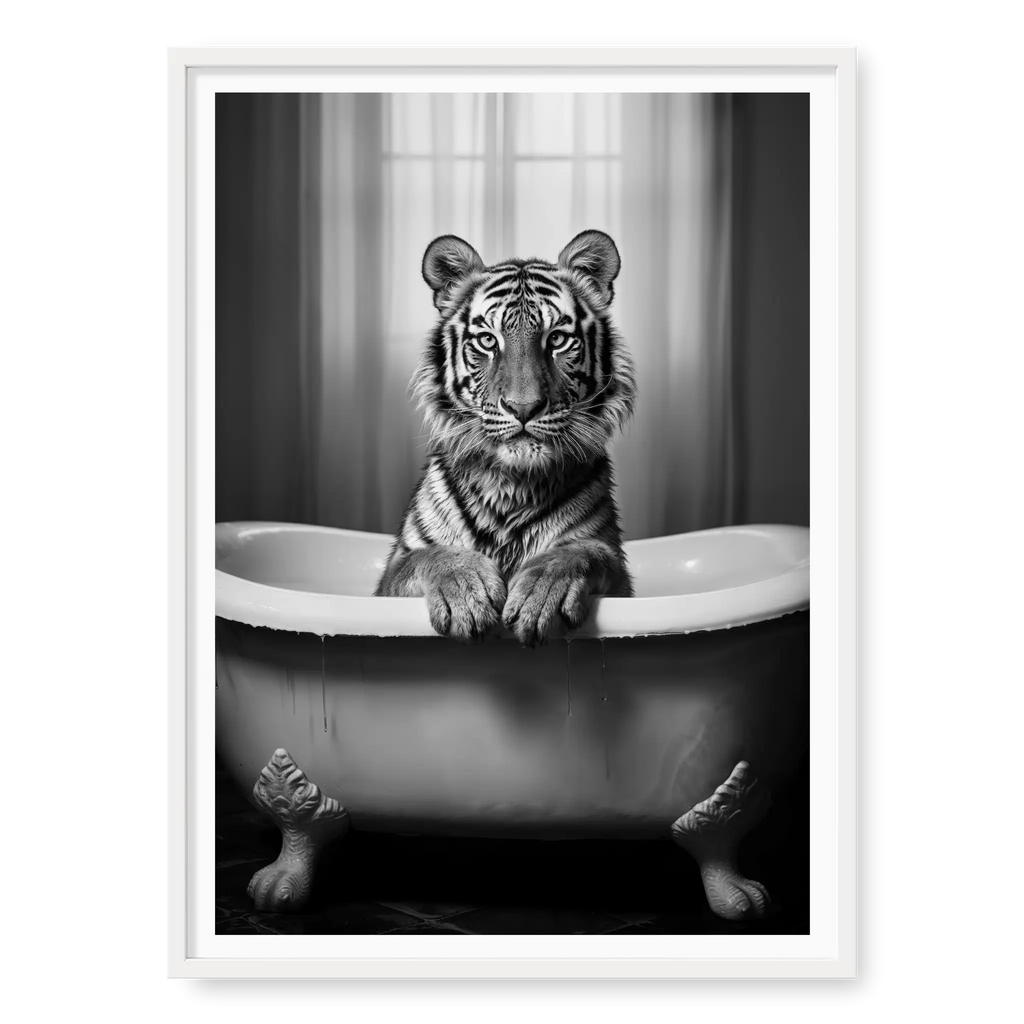 Tiger sitting in a vintage clawfoot bathtub with paws resting on the rim, black and white art print titled Bathtime in white frame