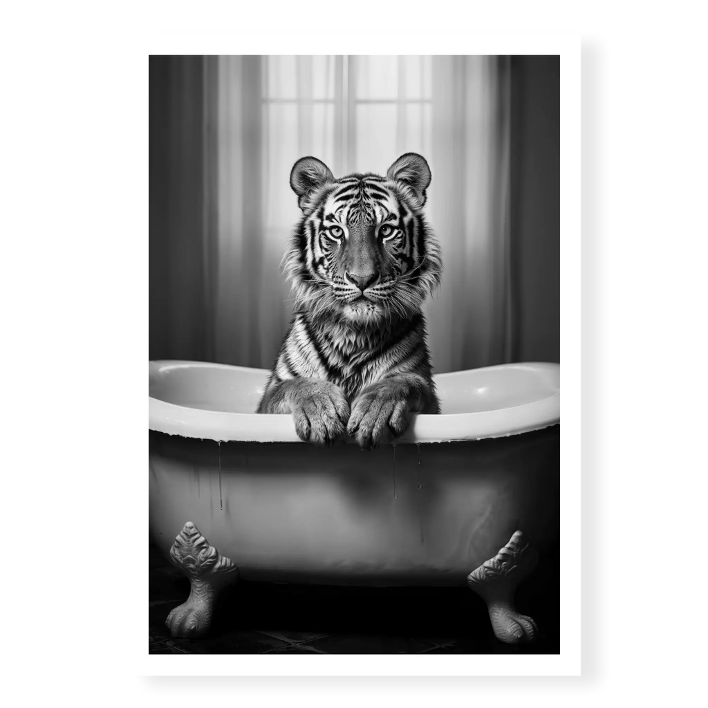Tiger sitting in a vintage clawfoot bathtub with paws resting on the rim, black and white art print titled Bathtime