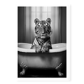 Tiger sitting in a vintage clawfoot bathtub with paws resting on the rim, black and white art print titled Bathtime