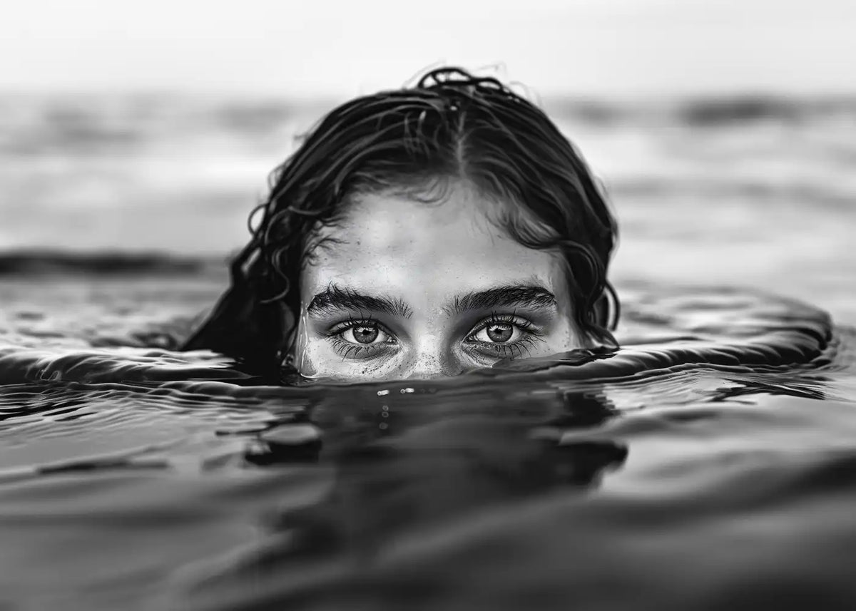 Black-and-white portrait of a woman partly submerged in water, with only her eyes above the surface, displayed in a black frame.