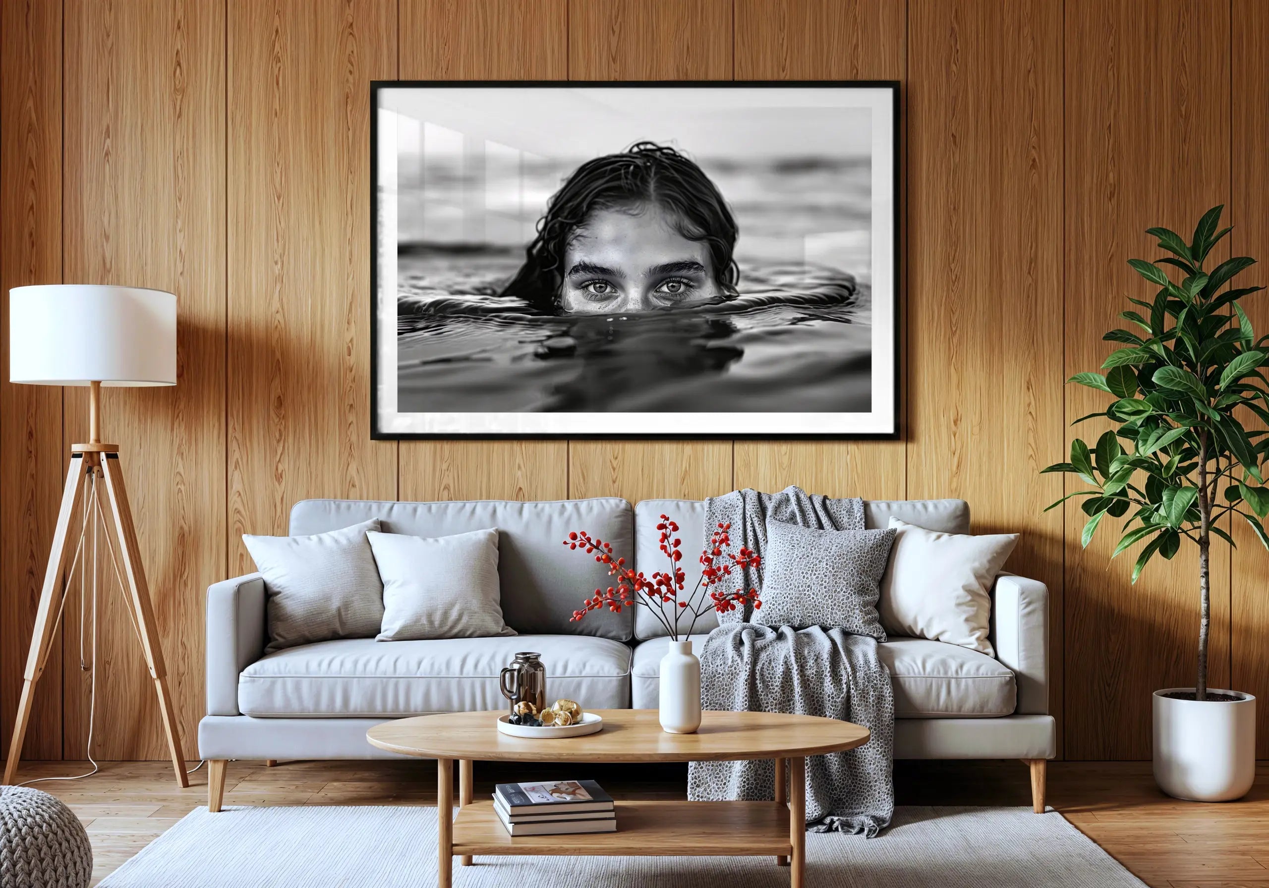 Living room wall with framed artwork displayed above the sofa.