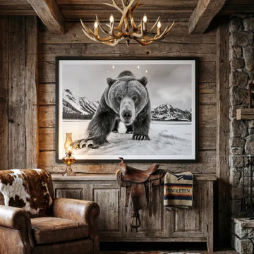 Large bear artwork displayed in a rustic cabin interior with wooden walls.