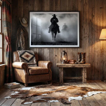 Western-style artwork of a cowboy on horseback displayed in a rustic interior.